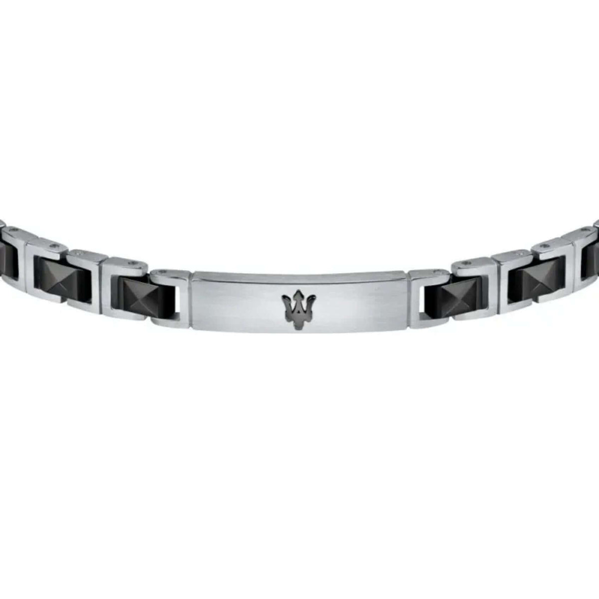 Ανδρικό βραχιόλι Maserati JM420ATI06 από ανοξείδωτο ατσάλι, με ασημί-μαύρο μπρασελέ και μαύρο μαύρη τρίαινα.