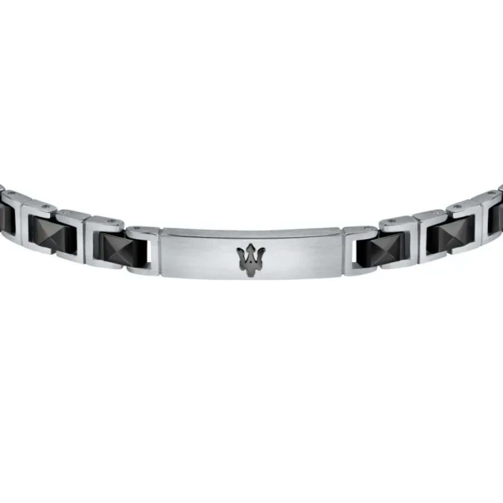 Ανδρικό βραχιόλι Maserati JM420ATI06 από ανοξείδωτο ατσάλι, με ασημί-μαύρο μπρασελέ και μαύρο μαύρη τρίαινα.