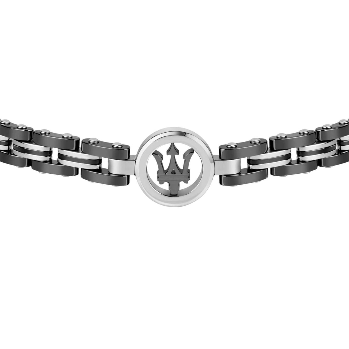 Ανδρικό βραχιόλι Maserati JM219AQH13 από ανοξείδωτο ατσάλι, με ανθρακί μπρασελέ και ασημί στοιχείο.