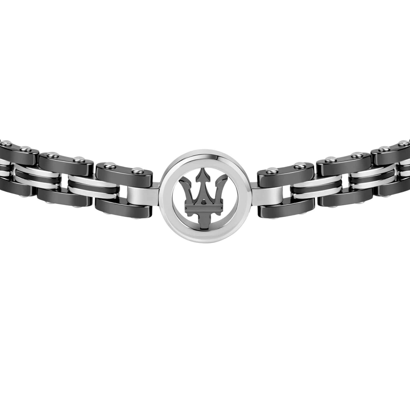 Ανδρικό βραχιόλι Maserati JM219AQH13 από ανοξείδωτο ατσάλι, με ανθρακί μπρασελέ και ασημί στοιχείο.