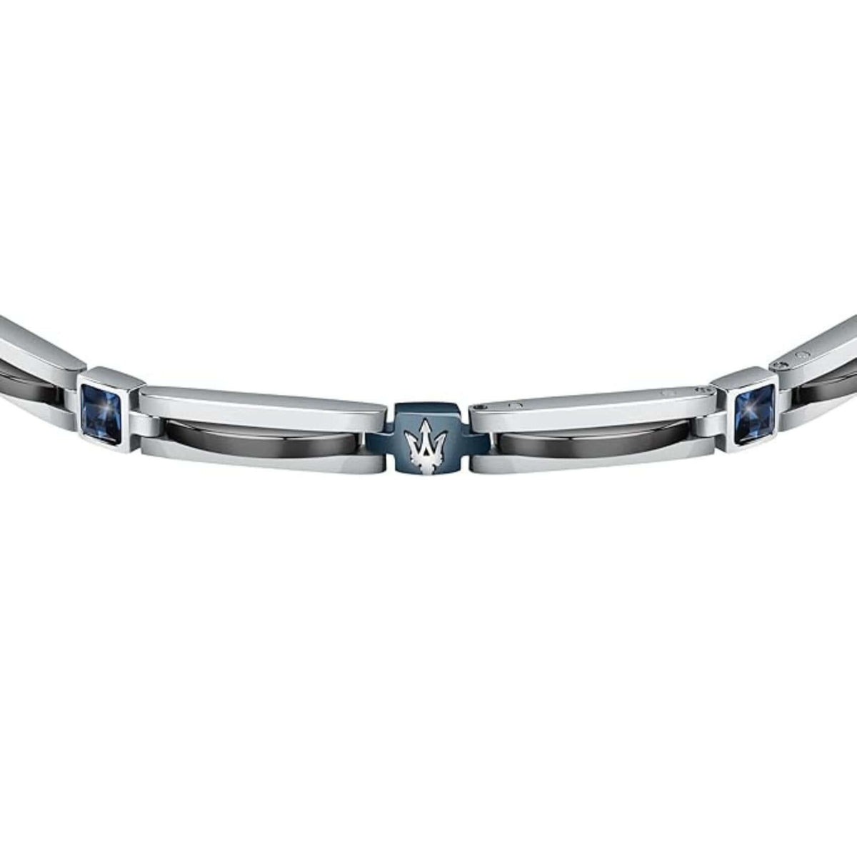 Ανδρικό βραχιόλι Maserati JM223ATZ20 από ανοξείδωτο ατσάλι, με ασημί-ανθρακί μπρασελέ, μπλε σκούρο στοιχείο και μπλε ζιργκόν.