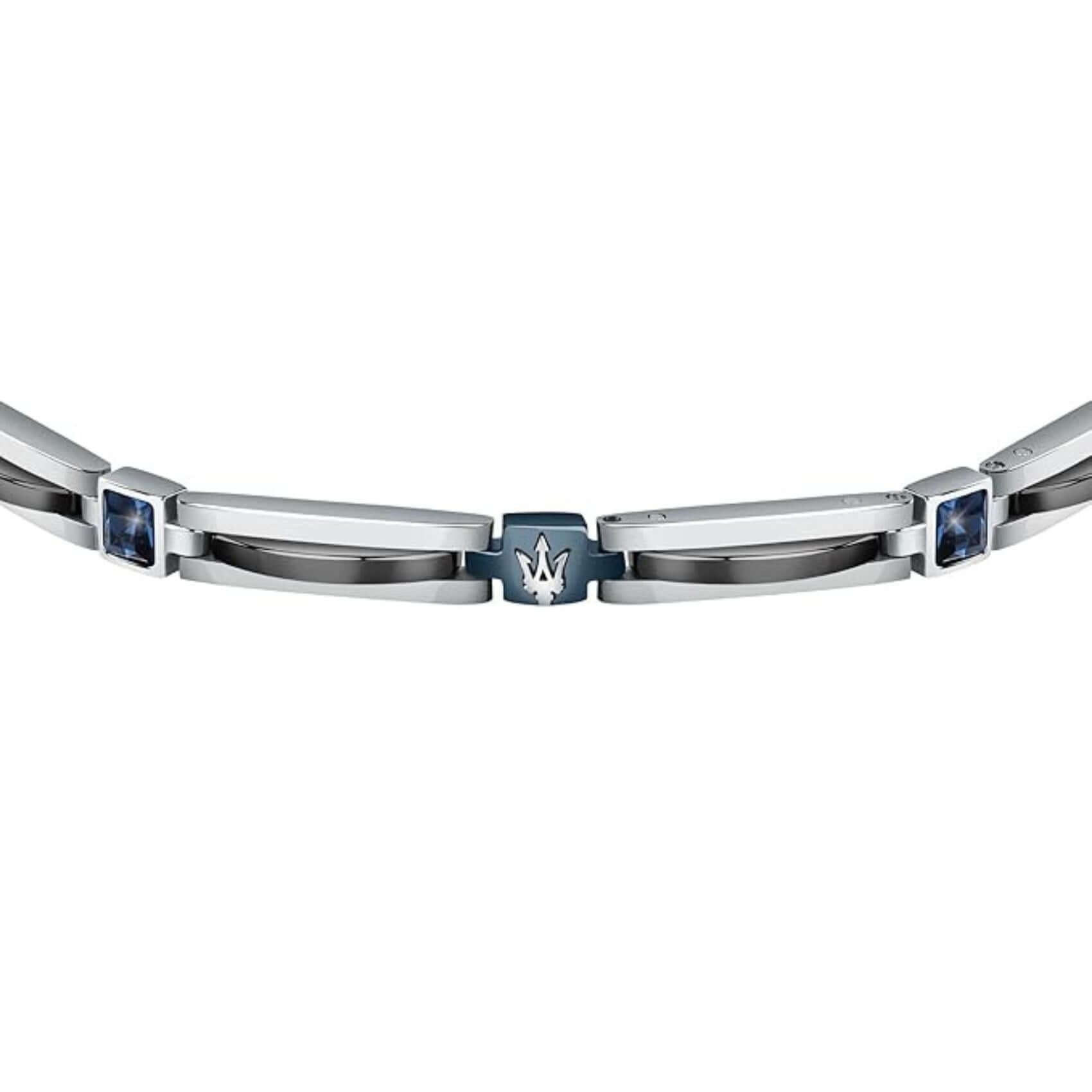 Ανδρικό βραχιόλι Maserati JM223ATZ20 από ανοξείδωτο ατσάλι, με ασημί-ανθρακί μπρασελέ, μπλε σκούρο στοιχείο και μπλε ζιργκόν.