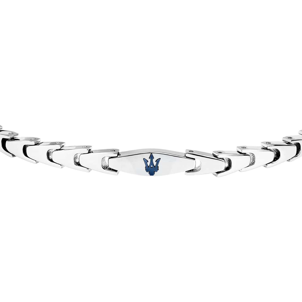 Ανδρικό βραχιόλι Maserati JM225AVD85 από ανοξείδωτο ατσάλι, με ασημί μπρασελέ και μπλε τρίαινα, κοντινή λήψη. 