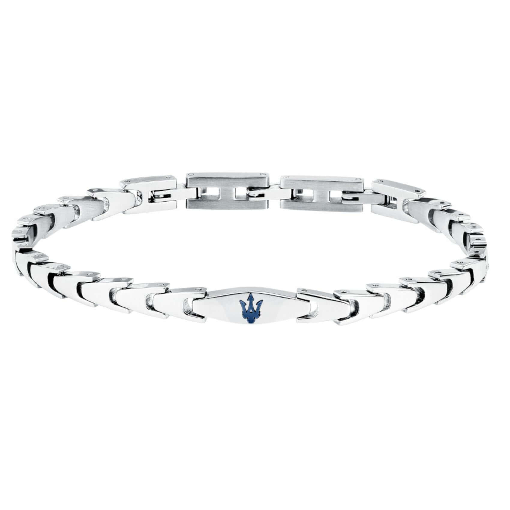 Ανδρικό βραχιόλι Maserati JM225AVD85 από ανοξείδωτο ατσάλι, με ασημί μπρασελέ και μπλε τρίαινα. 