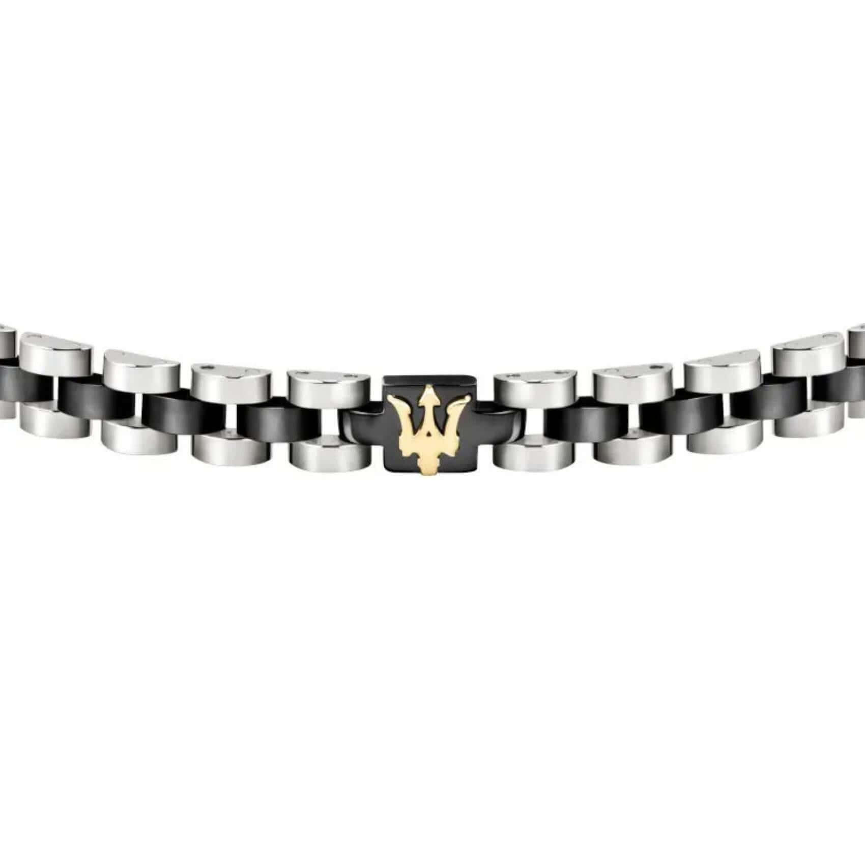 Ανδρικό βραχιόλι Maserati JM320AST08 από ανοξείδωτο ατσάλι, με ασημί-μαύρο μπρασελέ και μαύρο στοιχείο με χρυσή τρίαινα.