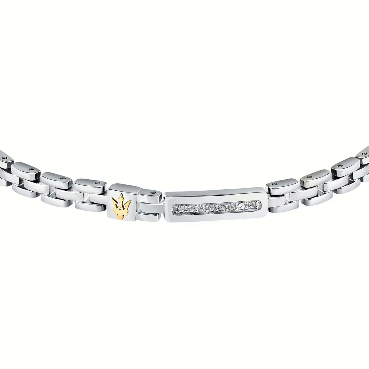 Ανδρικό βραχιόλι Maserati JM422AVD09 από ανοξείδωτο ατσάλι, με ασημί μπρασελέ και χρυσή τρίαινα.