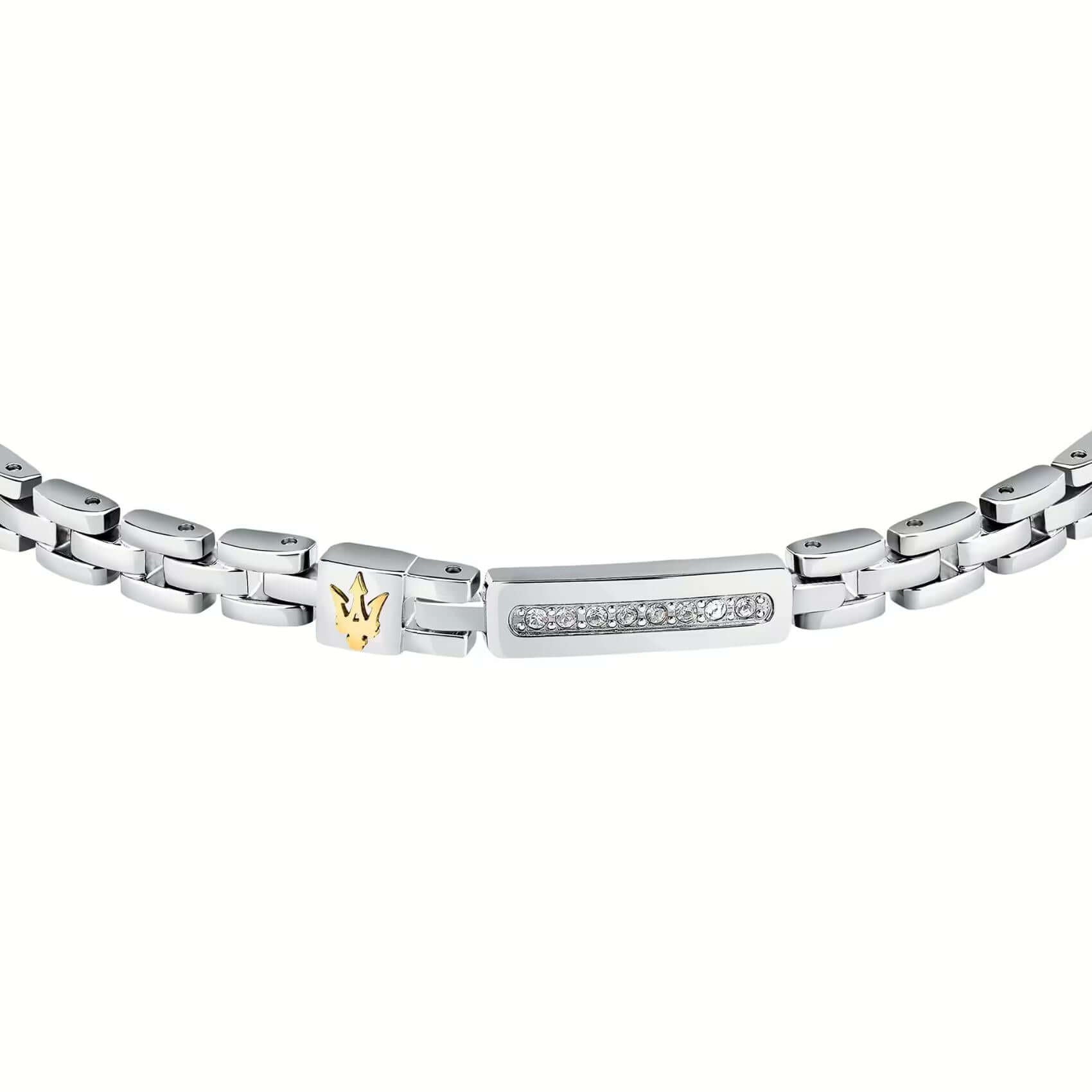 Ανδρικό βραχιόλι Maserati JM422AVD09 από ανοξείδωτο ατσάλι, με ασημί μπρασελέ και χρυσή τρίαινα.