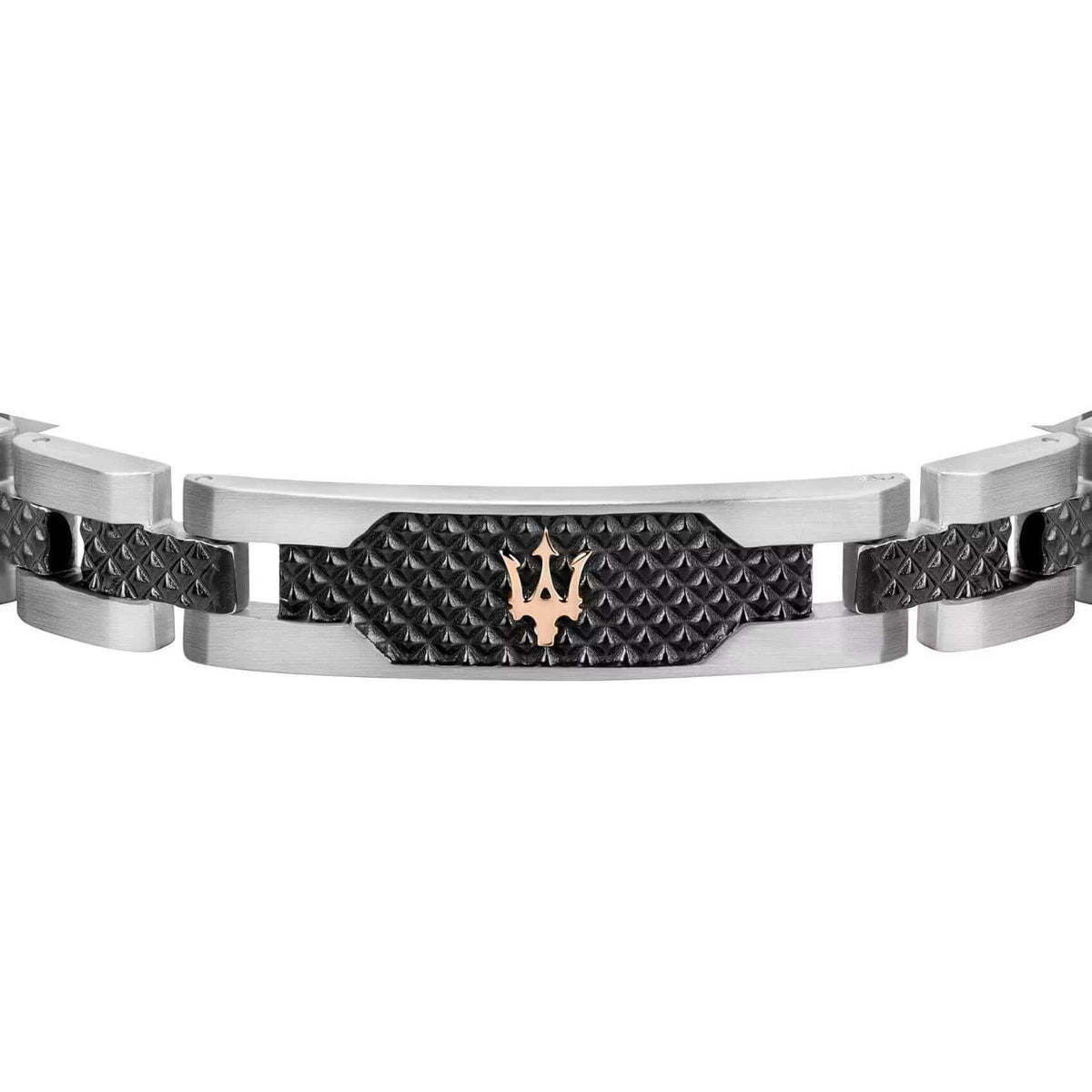 Ανδρικό βραχιόλι Maserati JM419ASC01 από ανοξείδωτο ατσάλι, με ασημί-μαύρο μπρασελέ και χρυσή τρίαινα.