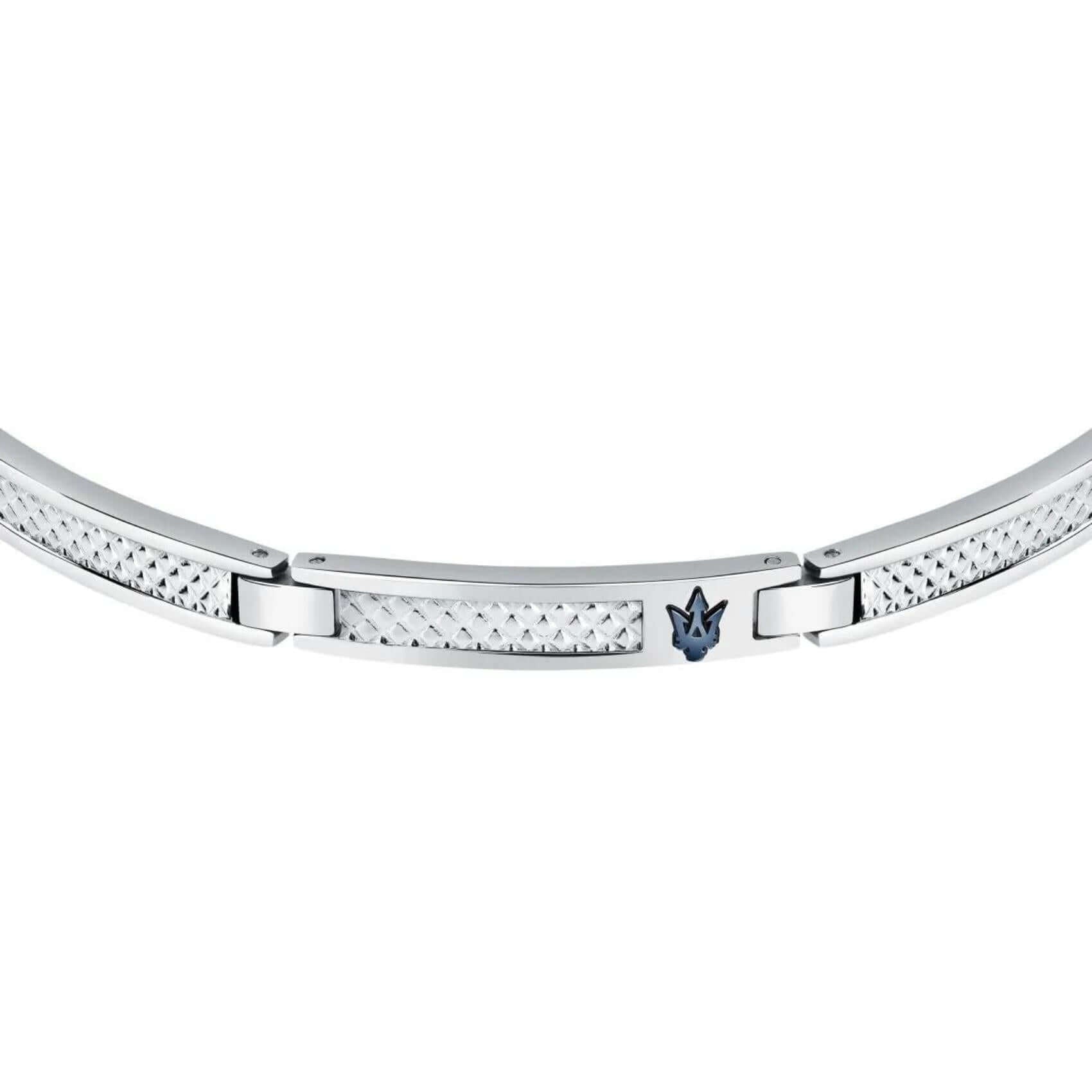 Ανδρικό βραχιόλι Maserati JM423AVD21 από ανοξείδωτο ατσάλι με ασημί μπρασελέ και μπλε τρίαινα.