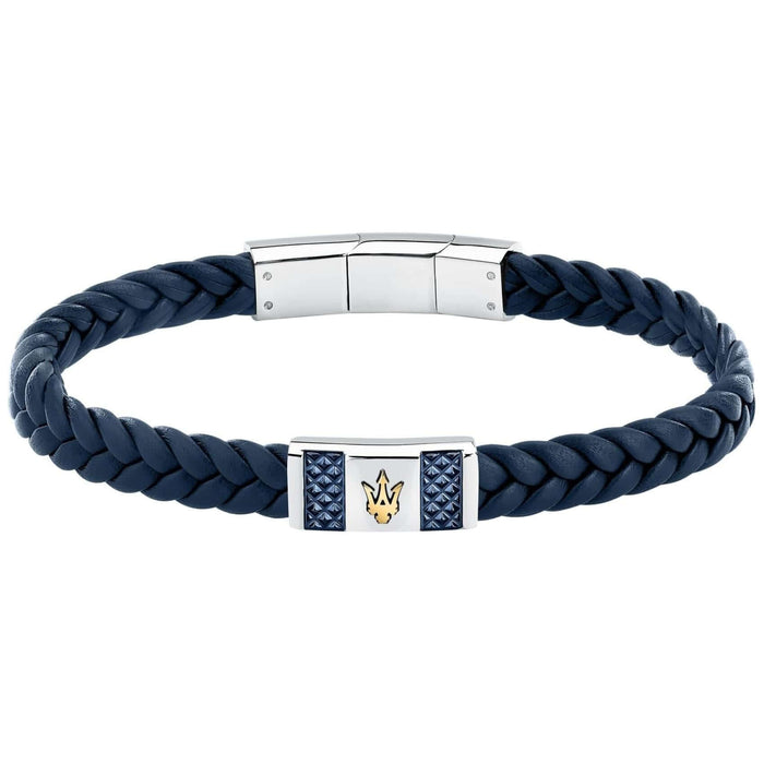 Ανδρικό βραχιόλι Maserati JM4249IK03 από ανακυκλομένο δέρμα σε μπλε χρώμα και ασημί ατσάλινο στοιχείο με χρυσή τρίαινα.