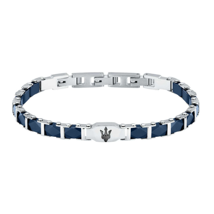 Ανδρικό βραχιόλι Maserati JM424ATZ45 από ανοξείδωτο ατσάλι και κεραμικό, με ασημί-μπλε χρώμα και μαύρη τρίαινα.