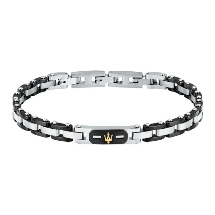 Ανδρικό βραχιόλι Maserati JM424AXU05 από ανοξείδωτο ατσάλι και κεραμικό, με ασημί-μαύρο μπρασελέ και χρυσή τρίαινα