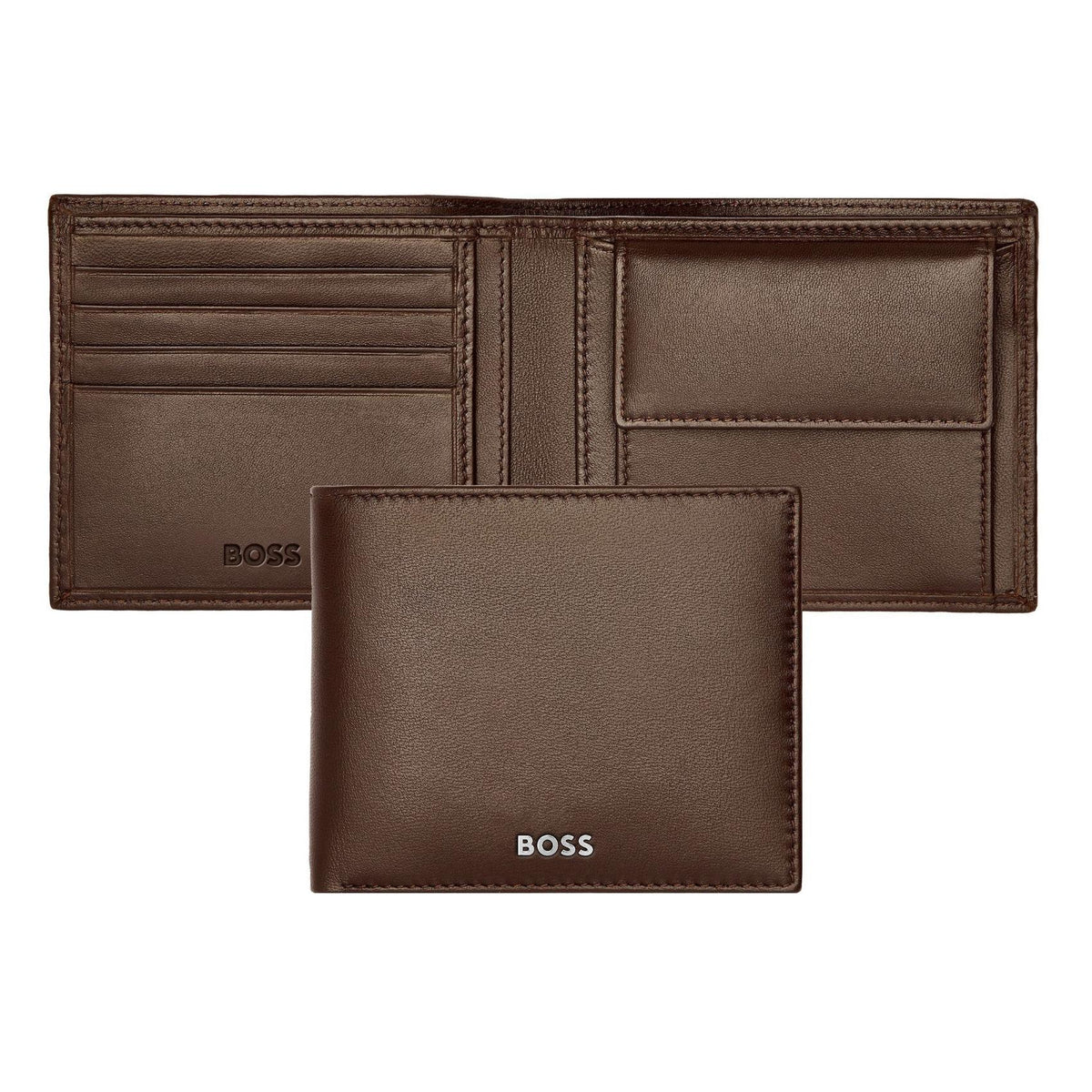 Ανδρικό δερμάτινο πορτοφόλι Hugo Boss Classic Smooth HLM403Y ανοιχτό και κλειστό σε καφέ χρώμα