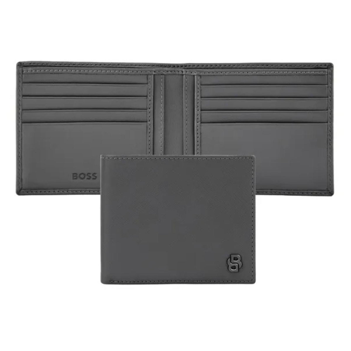 Ανδρικό δερμάτινο πορτοφόλι Hugo Boss Double B Saffiano HLW526H ανοιχτό και κλειστό σε γκρι χρώμα