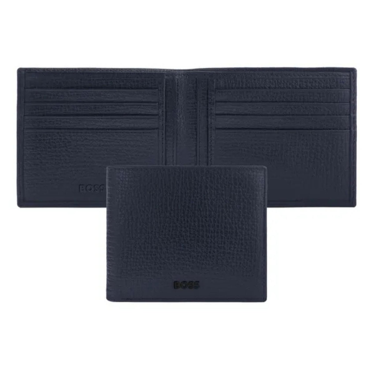 Ανδρικό δερμάτινο πορτοφόλι Hugo Boss Grid HLW632N ανοιχτό και κλειστό σε μπλε χρώμα