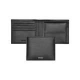 Ανδρικό δερμάτινο πορτοφόλι Hugo Boss HLM403A ανοιχτό και κλειστό σε μαύρο χρώμα.