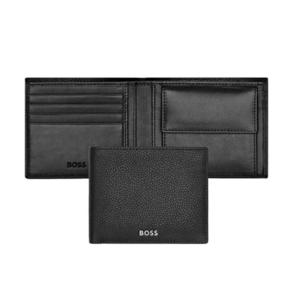 Ανδρικό δερμάτινο πορτοφόλι Hugo Boss HLM416A ανοιχτό και κλειστό σε μαύρο χρώμα.