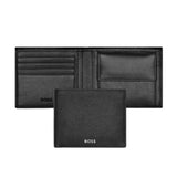 Ανδρικό δερμάτινο πορτοφόλι Hugo Boss HLM416A ανοιχτό και κλειστό σε μαύρο χρώμα.