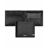 Ανδρικό δερμάτινο πορτοφόλι Hugo Boss Iconic HLM421A ανοιχτό και κλειστό σε μαύρο χρώμα.