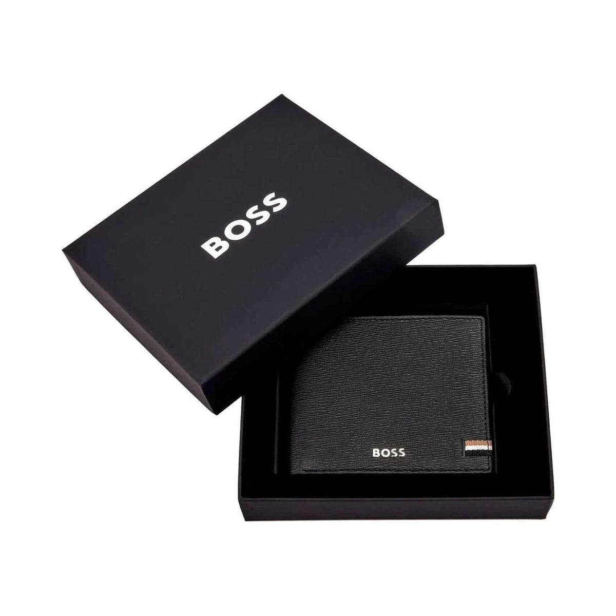 Ανδρικό δερμάτινο πορτοφόλι Hugo Boss Iconic HLM421A στη συσκευασία του σε μαύρο χρώμα.