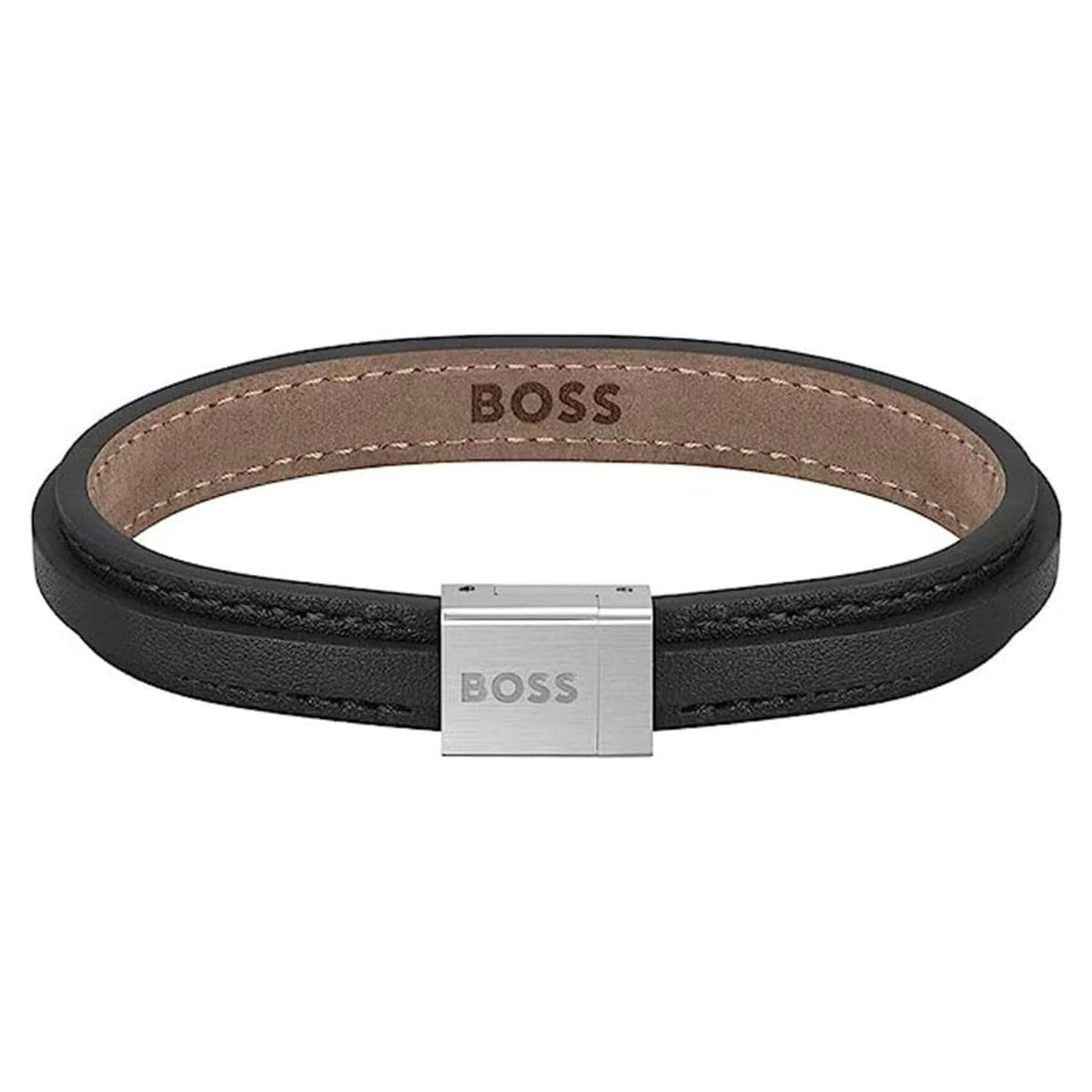 Ανδρικό δερμάτινο βραχιόλι Boss 1580328S σε μαύρο χρώμα με κούμπωμα από ανοξείδωτο ατσάλι σε ασημί χρώμα.