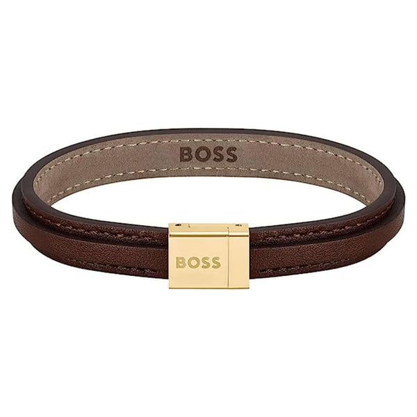 Ανδρικό δερμάτινο βραχιόλι Boss 1580329S σε μαύρο χρώμα με κούμπωμα από ανοξείδωτο ατσάλι σε χρυσό χρώμα.