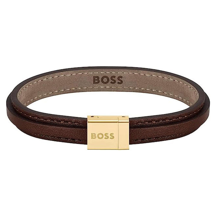 Ανδρικό δερμάτινο βραχιόλι Boss 1580329S σε μαύρο χρώμα με κούμπωμα από ανοξείδωτο ατσάλι σε χρυσό χρώμα.