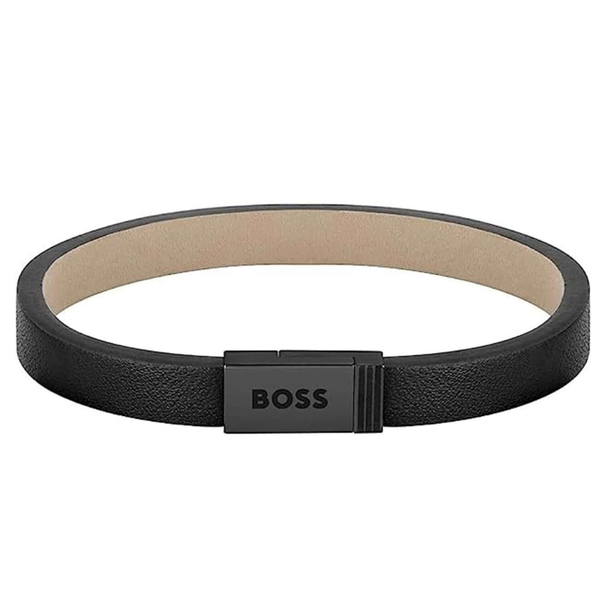 Ανδρικό δερμάτινο βραχιόλι Boss 1580337S σε μαύρο χρώμα με κούμπωμα από ανοξείδωτο ατσάλι.