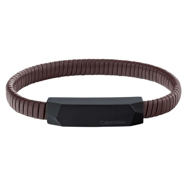 Ανδρικό δερμάτινο βραχιόλι Calvin Klein 35100014 σε καφέ χρώμα με κούμπωμα από ανοξείδωτο ατσάλι σε μαύρο χρώμα.