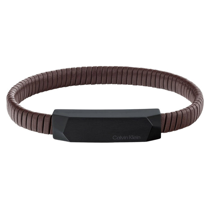 Ανδρικό δερμάτινο βραχιόλι Calvin Klein 35100014 σε καφέ χρώμα με κούμπωμα από ανοξείδωτο ατσάλι σε μαύρο χρώμα.