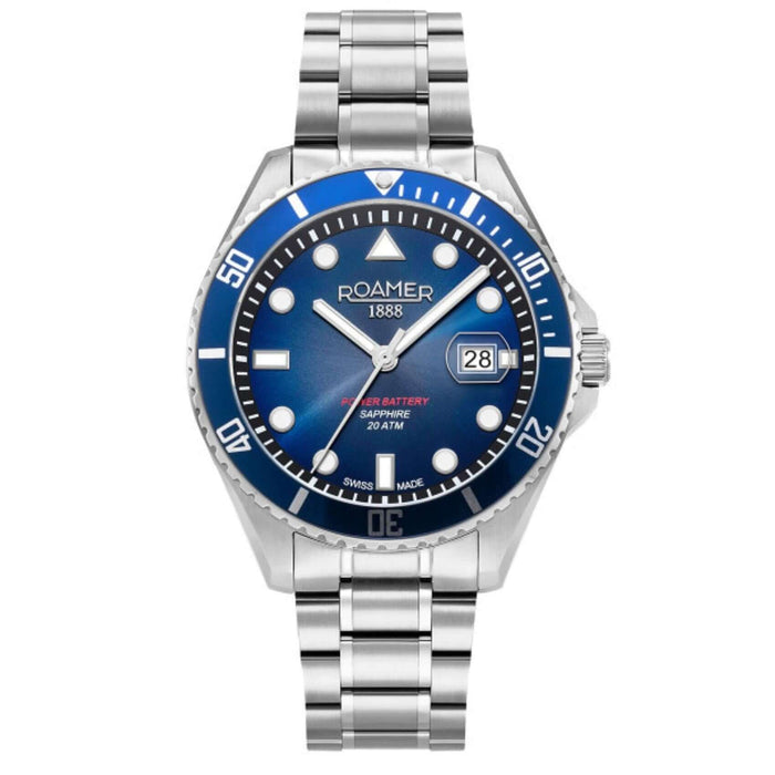 Καταδυτικό ρολόι Roamer Pro Diver 200 969845-41-45-20 με ασημί ατσάλινο μπρασελέ και μπλε καντράν διαμέτρου 43mm.