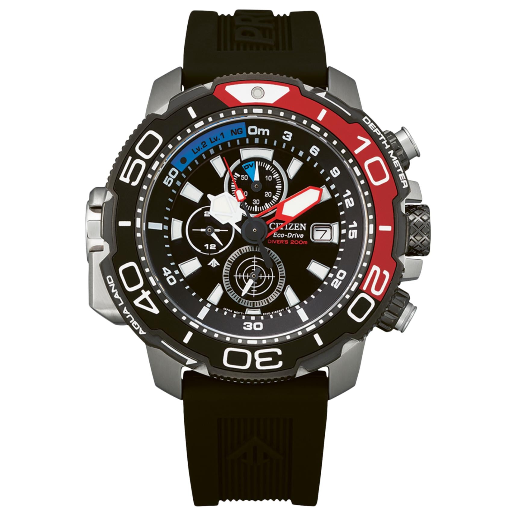Ανδρικό καταδυτικό ρολόι Citizen Promaster Aqualand BJ2167-03E με μαύρο λουράκι και μαύρο καντράν 47mm με κόκκινες λεπτομέρειες.