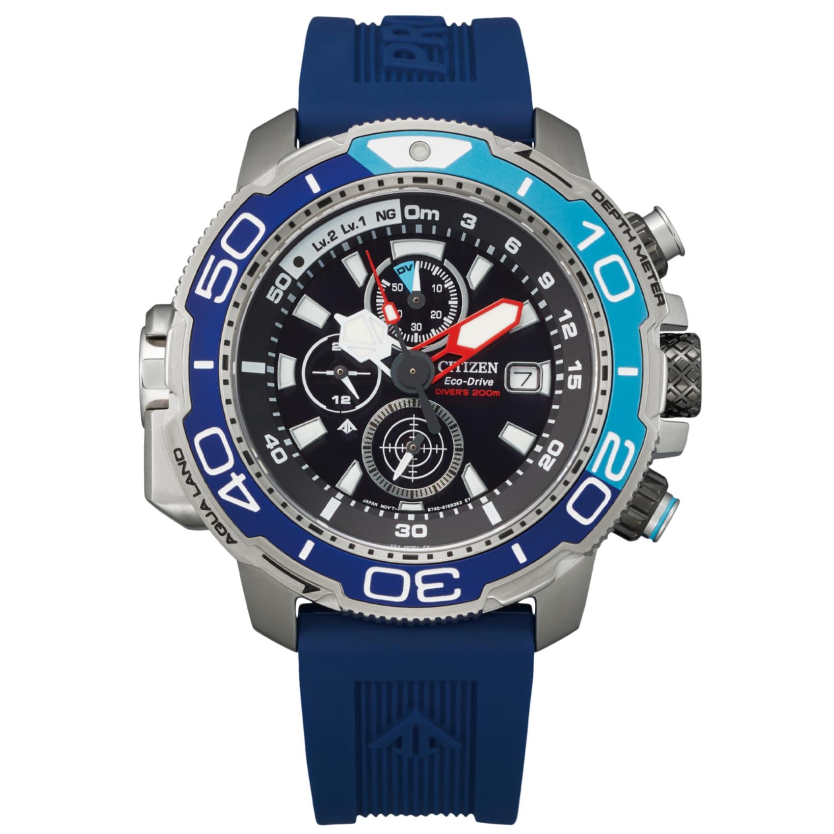 Ανδρικό καταδυτικό ρολόι Citizen Promaster Aqualand BJ2169-08E με μπλε καουτσούκ λουράκι και μαύρο καντράν 47mm με μπλε λεπτομέρειες.