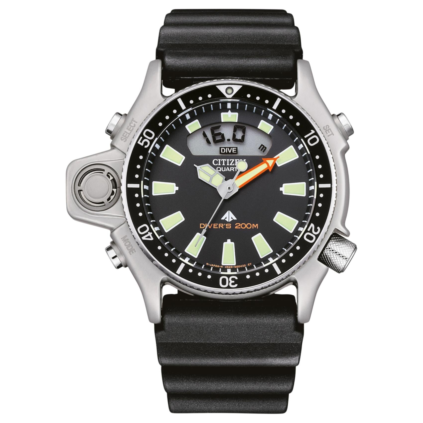 Ανδρικό καταδυτικό ρολόι Citizen Promaster Divers JP2000-08E με μαύρο λουράκι και μαύρο καντράν 44mm με περιστρεφόμενη στεφάνη.