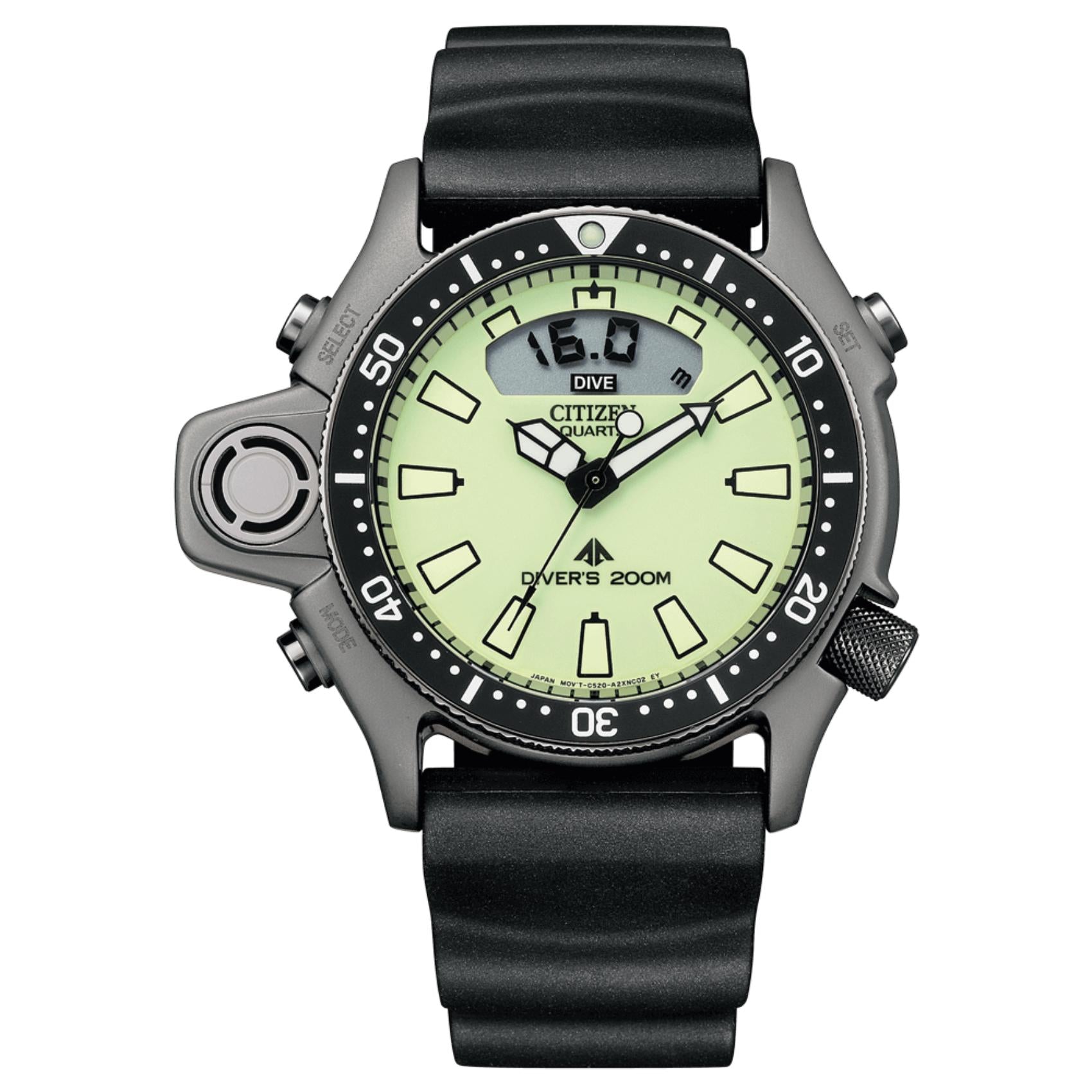 Ανδρικό καταδυτικό ρολόι Citizen Promaster Divers JP2007-17W με μαύρο λουράκι και πράσινο καντράν 44mm με περιστρεφόμενη στεφάνη.