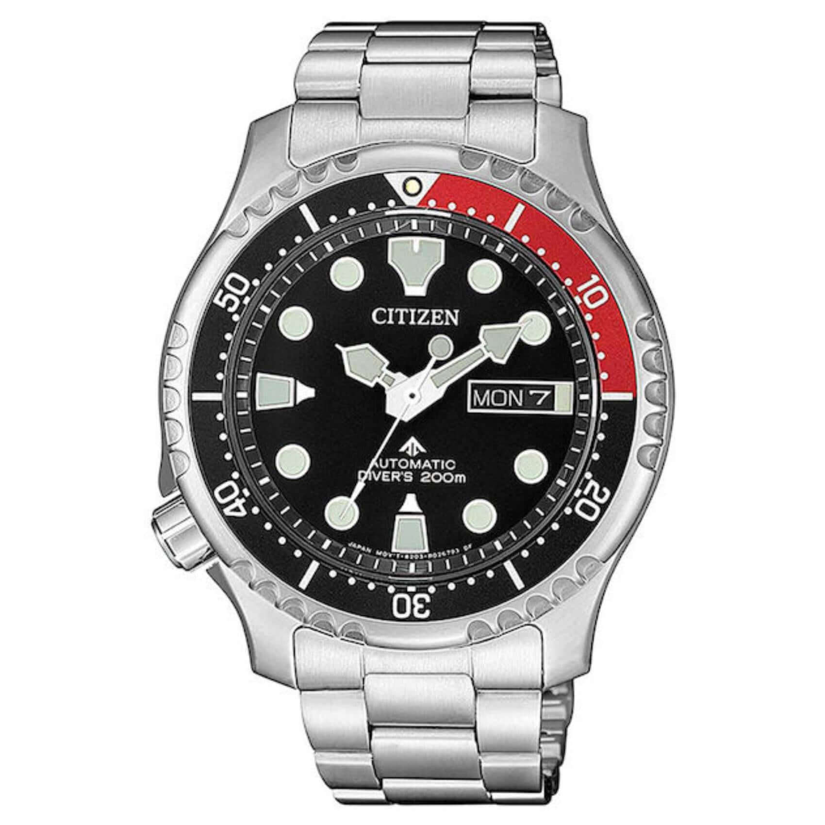 Ανδρικό καταδυτικό ρολόι Citizen Promaster Divers NY0085-86EE με ασημί μπρασελέ από ανοξείδωτο ατσάλι, μαύρο καντράν 42mm και κόκκινη-μαύρη περιστρεφόμενη στεφάνη.