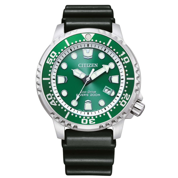 Ανδρικό καταδυτικό ρολόι Citizen Promaster Eco-Drive BN0158-18X με μαύρο λουράκι και πράσινο καντράν 44mm με περιστρεφόμενη στεφάνη.