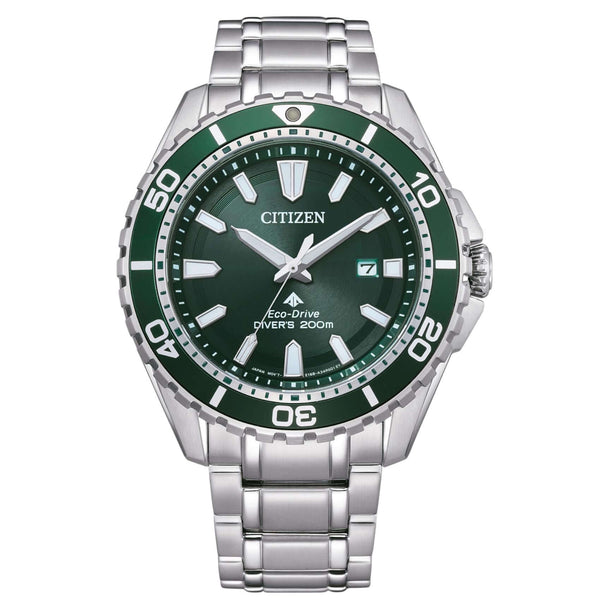 Ανδρικό καταδυτικό ρολόι Citizen Promaster Eco-Drive BN0199-53X με ασημί μπρασελέ και πράσινο καντράν 44.5mm με περιστρεφόμενη στεφάνη.