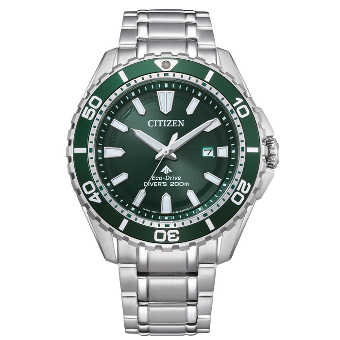 Ανδρικό καταδυτικό ρολόι Citizen Promaster Eco-Drive BN0199-53X με ασημί μπρασελέ και πράσινο καντράν 44.5mm με περιστρεφόμενη στεφάνη.
