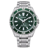 Ανδρικό καταδυτικό ρολόι Citizen Promaster Eco-Drive BN0199-53X με ασημί μπρασελέ και πράσινο καντράν 44.5mm με περιστρεφόμενη στεφάνη.