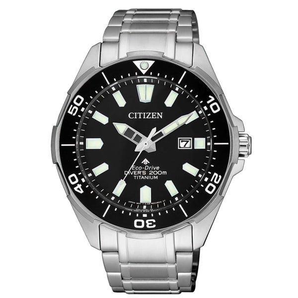 Ανδρικό καταδυτικό ρολόι Citizen Promaster Eco-Drive BN0200-81E με ασημί μπρασελέ τιτανίου και μαύρο καντράν 44mm με περιστρεφόμενη στεφάνη.