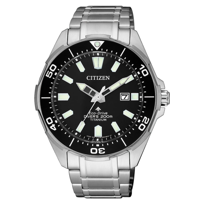 Ανδρικό καταδυτικό ρολόι Citizen Promaster Eco-Drive BN0200-81E με ασημί μπρασελέ τιτανίου και μαύρο καντράν 44mm με περιστρεφόμενη στεφάνη.