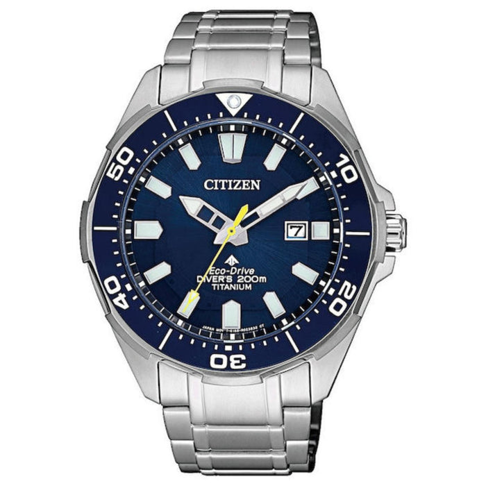 Ανδρικό καταδυτικό ρολόι Citizen Promaster Eco-Drive BN0201-88L με ασημί μπρασελέ τιτανίου και μπλε καντράν 44mm με περιστρεφόμενη στεφάνη.