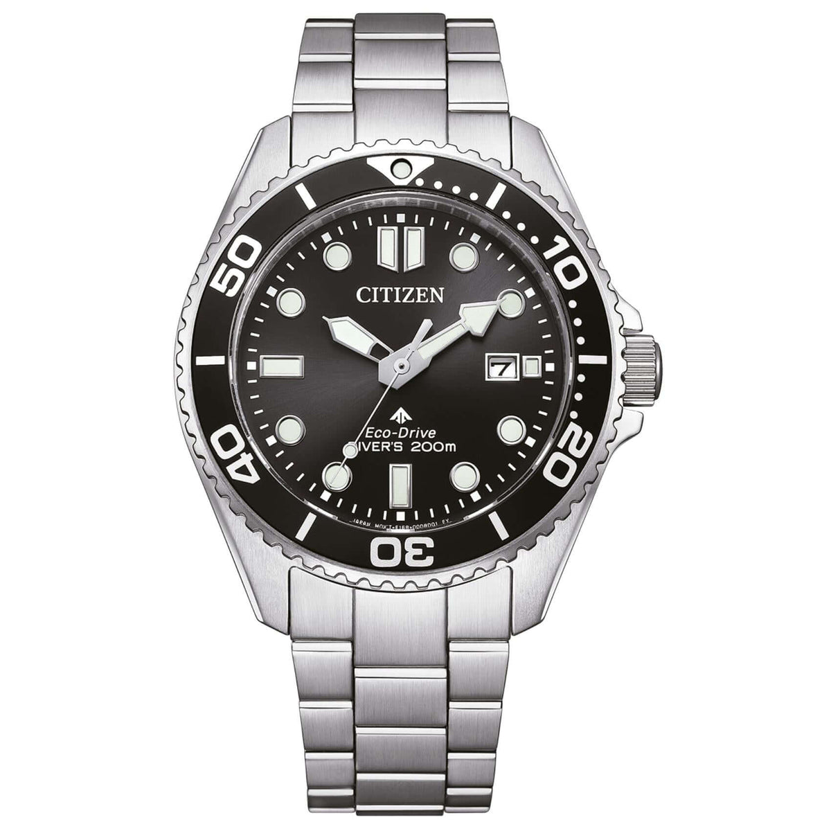 Ανδρικό καταδυτικό ρολόι Citizen Promaster Eco-Drive Divers BN0261-51E με ασημί μπρασελέ και μαύρο καντράν 41mm με περιστρεφόμενη στεφάνη.