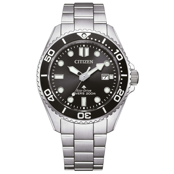 Ανδρικό καταδυτικό ρολόι Citizen Promaster Eco-Drive Divers BN0261-51E με ασημί μπρασελέ και μαύρο καντράν 41mm με περιστρεφόμενη στεφάνη.