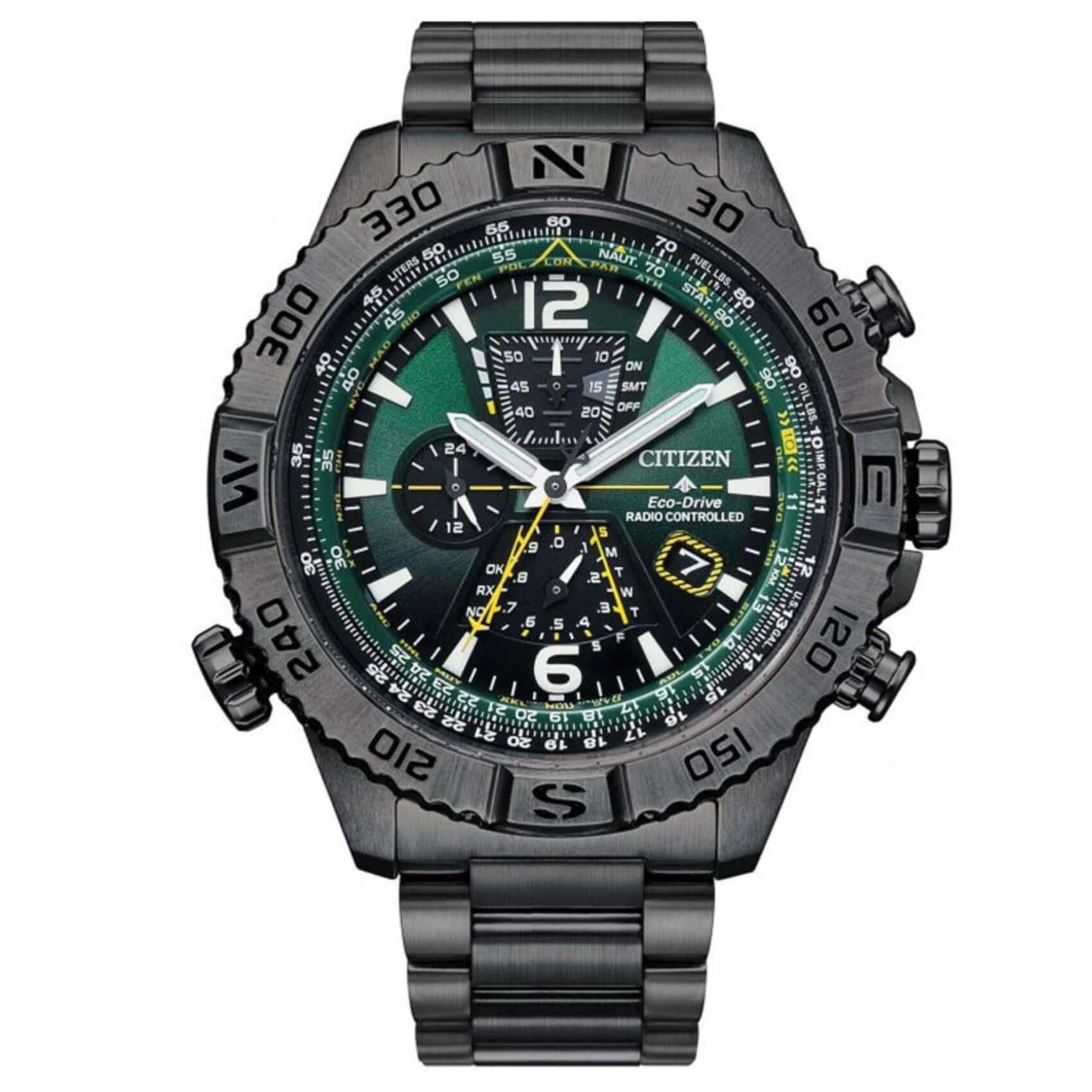 Ανδρικό καταδυτικό ρολόι Citizen Promaster Eco-Drive Navihawk AT8227-56X χρονογράφος με γκρι μπρασελέ, πράσινο καντράν 47.5mm και μηχανισμό Eco-Drive H804.