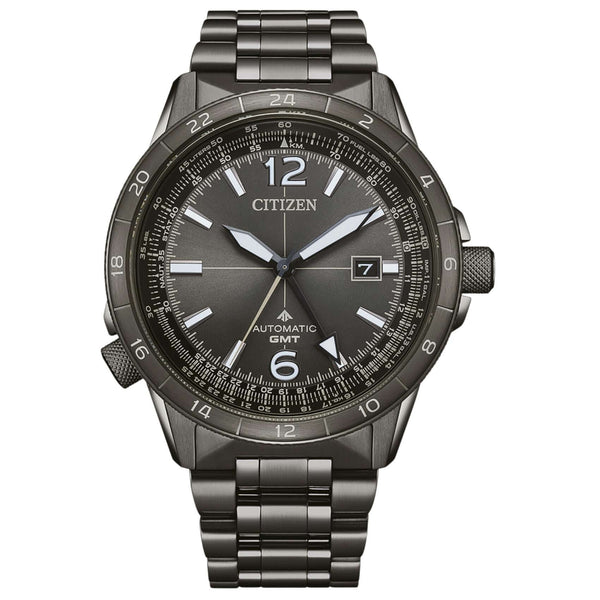 Ανδρικό καταδυτικό ρολόι Citizen Promaster Mechanical GMT NB6045-51H με γκρι μπρασελέ από ανοξείδωτο ατσάλι, γκρι καντράν διαμέτρου 44.5mm και αυτόματο μηχανισμό