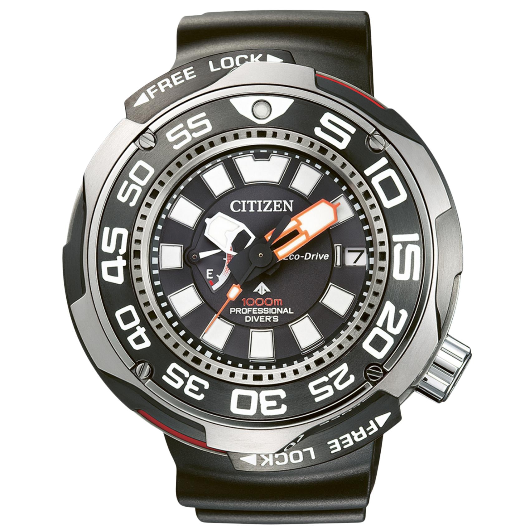 Ανδρικό καταδυτικό ρολόι Citizen Promaster Professional Diver 1000 BN7020-09E με μαύρο λουράκι και μαύρο καντράν 52.5mm με φωτεινούς δείκτες.