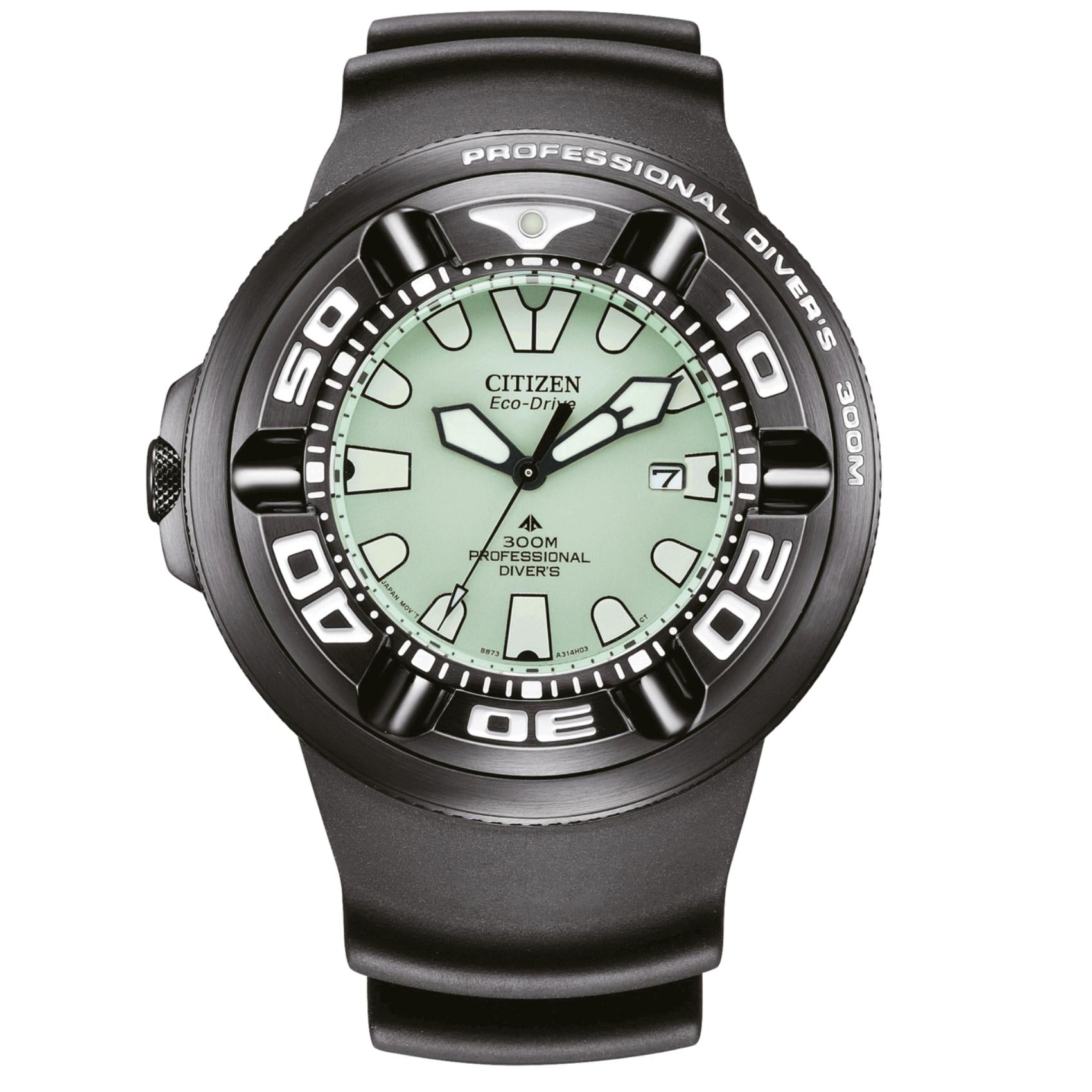 Ανδρικό καταδυτικό ρολόι Citizen Promaster Professional Diver 300 BJ8055-04X με μαύρο λουράκι και πράσινο καντράν 48mm.