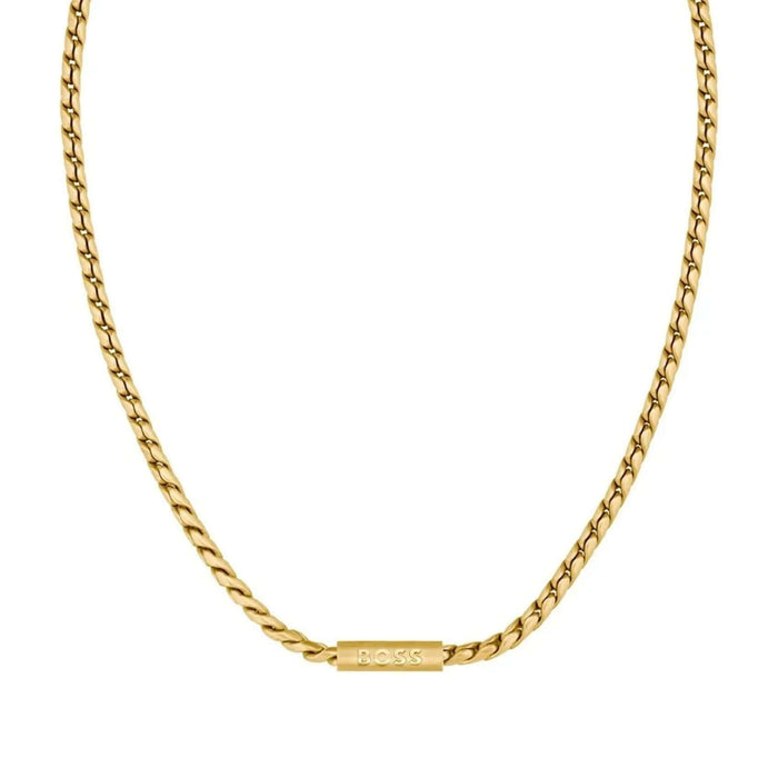 Ανδρικό κολιέ Boss 1580693 αλυσίδα διακοσμημένο με κυλινδρικό στοιχείο κατασκευασμένο από ανοξείδωτο ατσάλι σε χρυσό χρώμα.